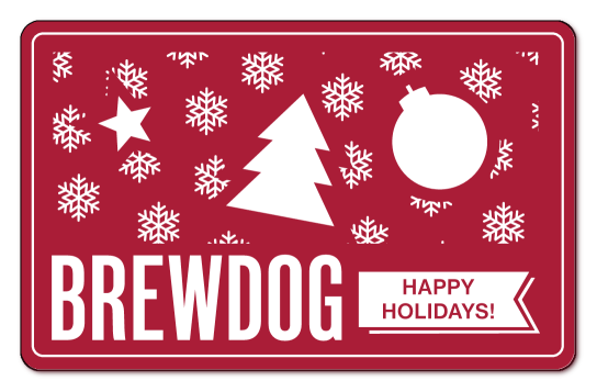 BrewDog in white text over red background featuring snowflakes, a single pine tree, and ornament
